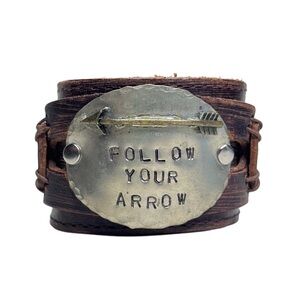 Boho Hand Stamped Metal Plate Follow Your Arrow Leather Cuff Bracelet